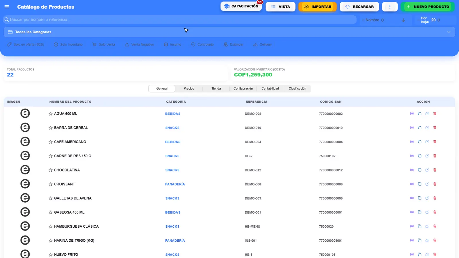 Catálogo de productos con categoría, referencia, código de barras y acciones
