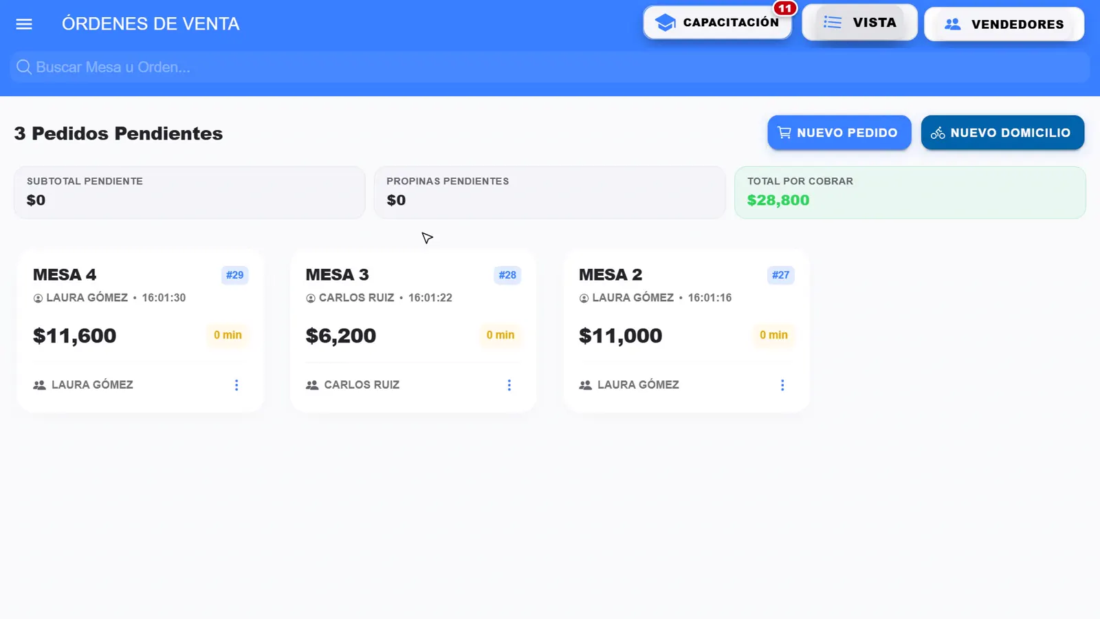 Órdenes de venta con tres mesas abiertas, su mesero, hora y valor pendiente