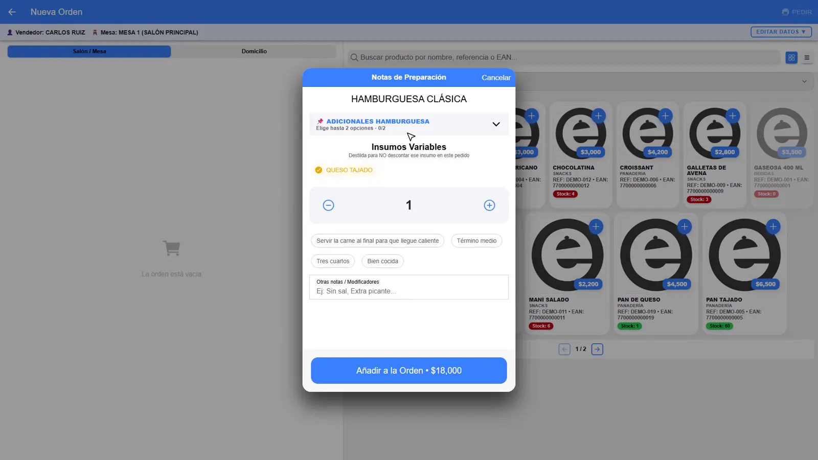 Ventana para personalizar una hamburguesa con adicionales, insumos variables y notas de preparación