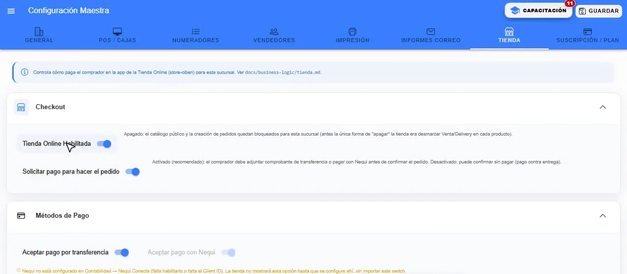 Configuración de la tienda en línea en Ciberi: tienda habilitada, pago obligatorio para pedir y métodos de pago por transferencia y Nequi